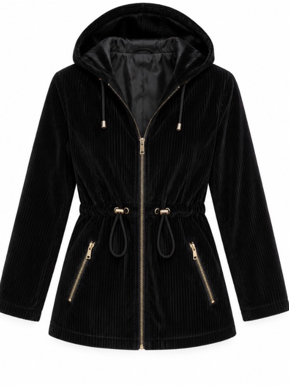 Women’s Velvet Black Hooded Drawstring Jacket